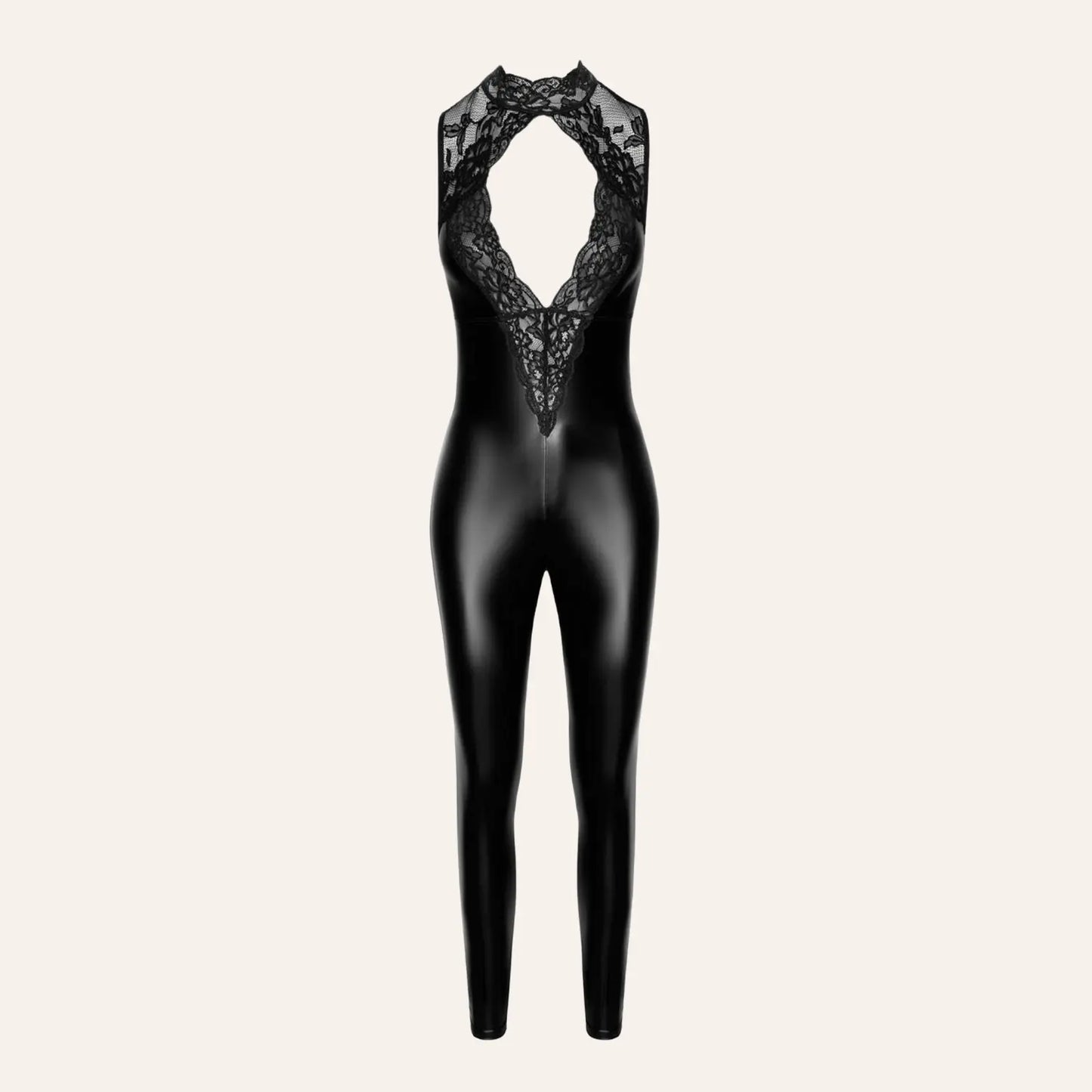 Combinaison moulante Pandora F342 avec col haut en dentelle et tissu effet cuir noir wetlook, mettant en valeur la poitrine et les courbes. Une pièce fétiche chic à retrouver sur Oh My God'Z pour sublimer l’expérience avec sextoys premium.
