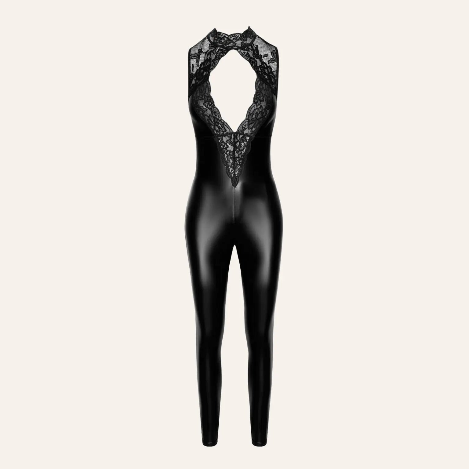 Combinaison moulante Pandora F342 avec col haut en dentelle et tissu effet cuir noir wetlook, mettant en valeur la poitrine et les courbes. Une pièce fétiche chic à retrouver sur Oh My God'Z pour sublimer l’expérience avec sextoys premium.