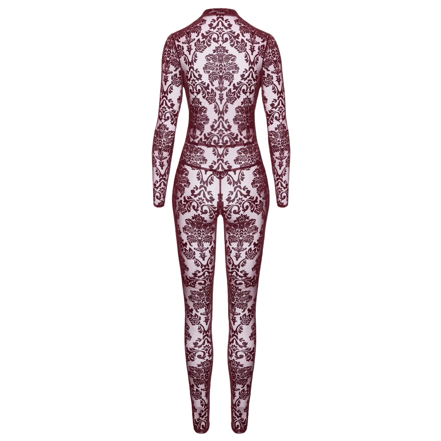 Combinaison sensuelle en tulle bordeaux à motif baroque – Noir Handmade
