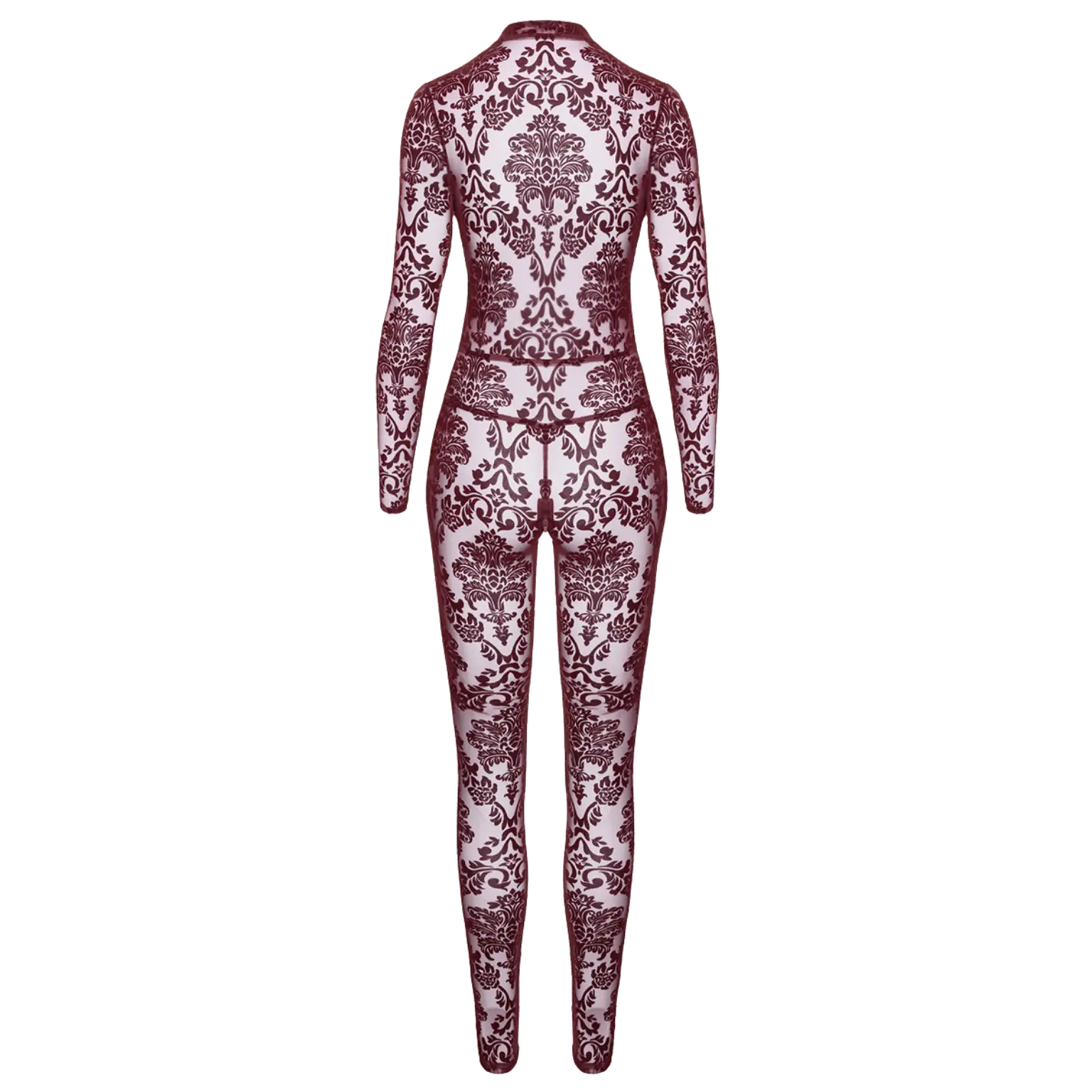 Combinaison sensuelle en tulle bordeaux à motif baroque – Noir Handmade
