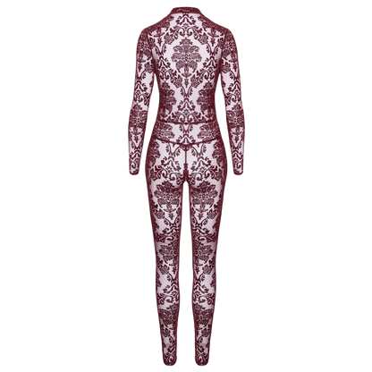 Combinaison sensuelle en tulle bordeaux à motif baroque – Noir Handmade
