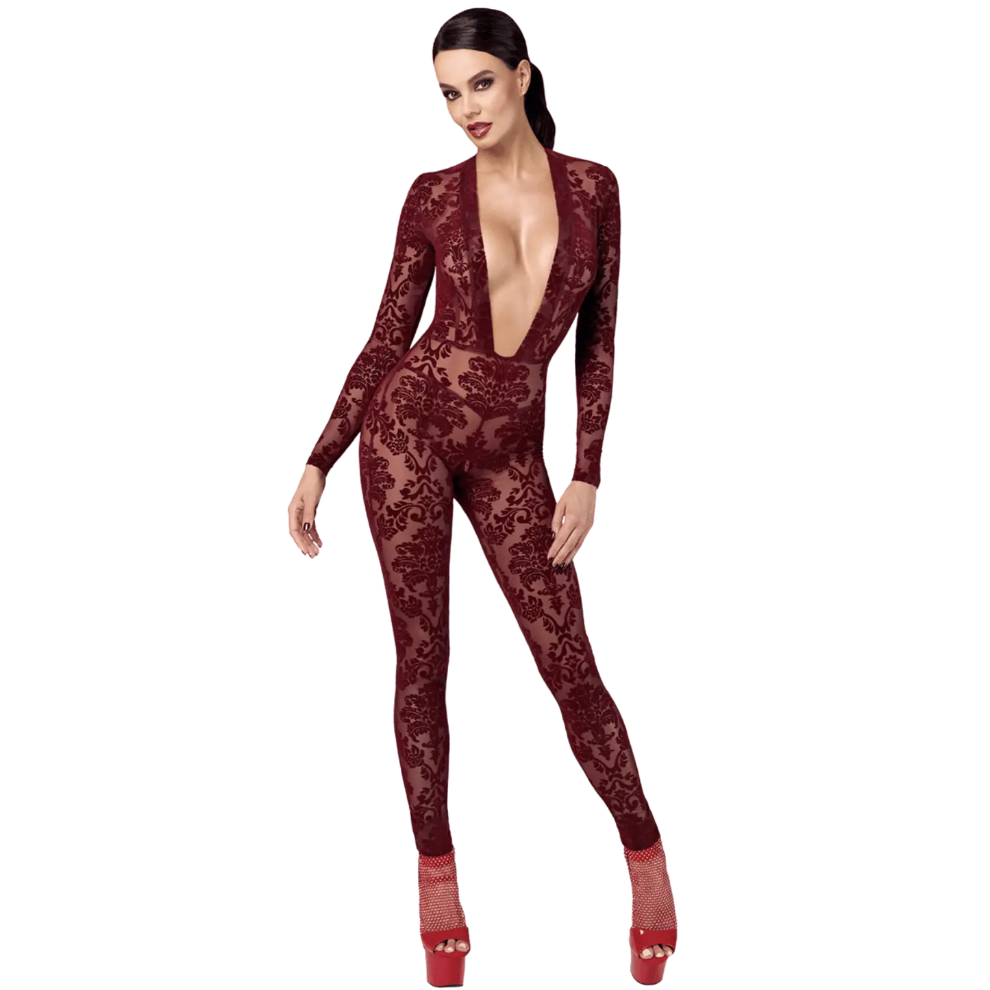 Combinaison moulante bordeaux en tulle floqué Kink Royal F382 – Noir Handmade