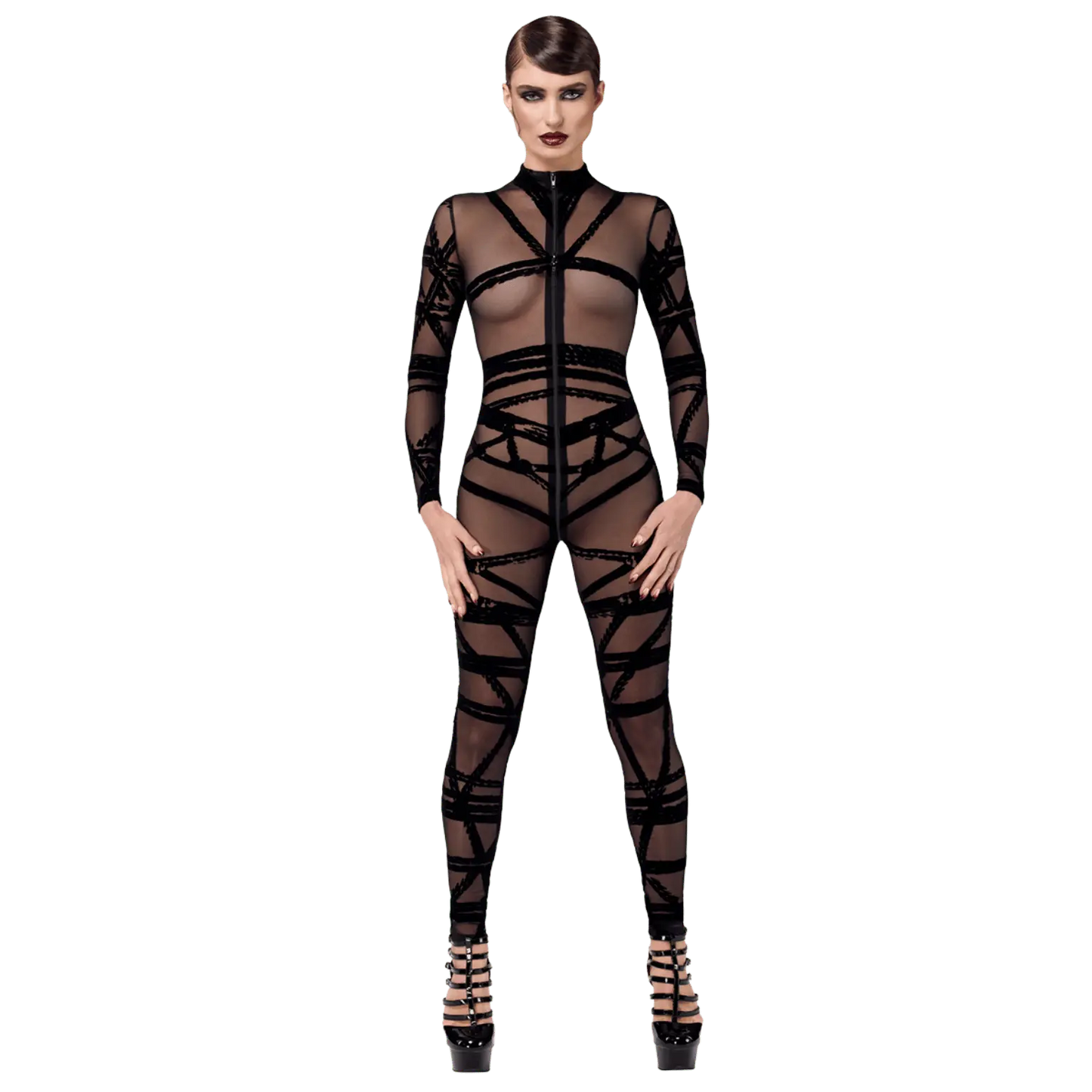 Combinaison transparente noire Bondesque F357 à motifs floqués – Noir Handmade