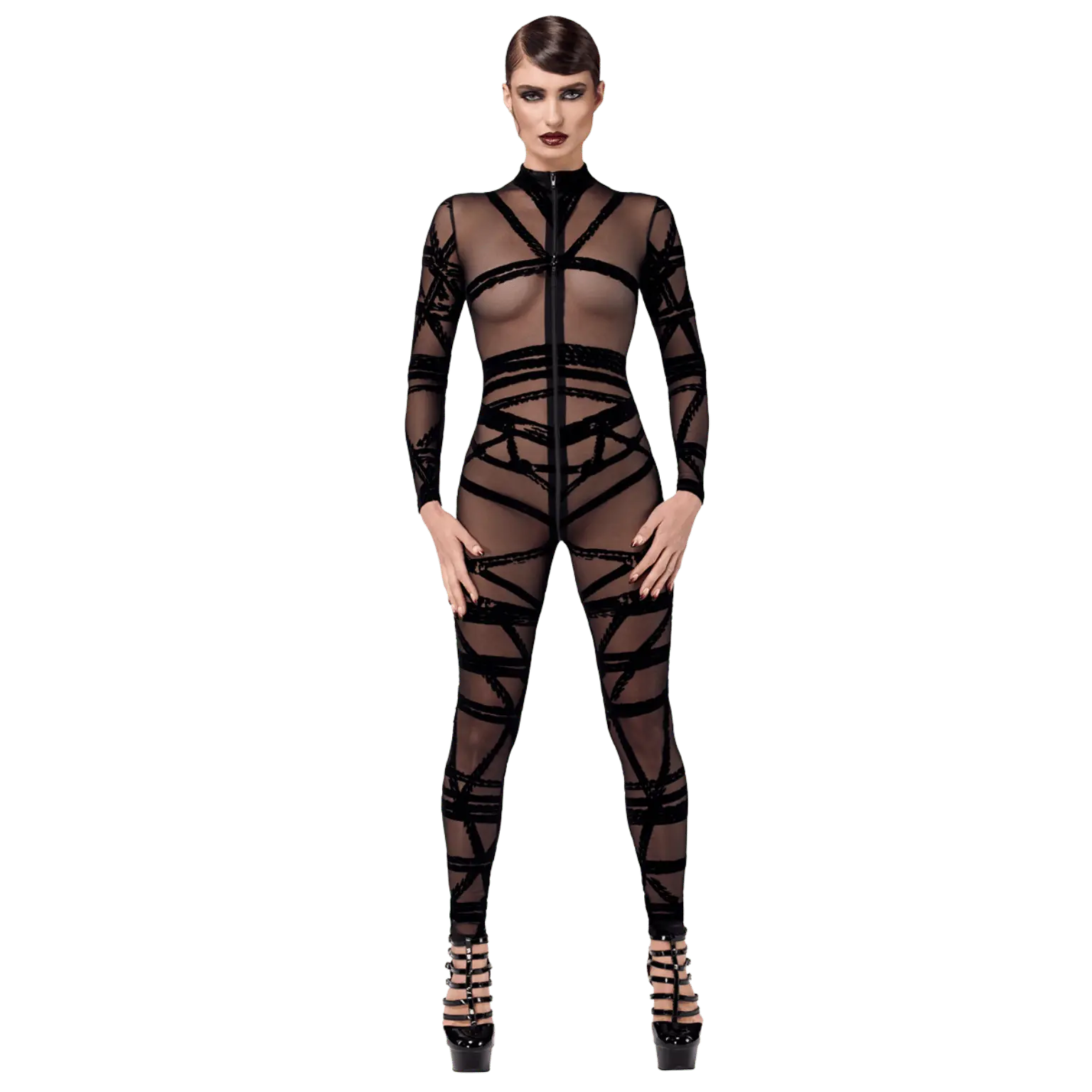Combinaison transparente noire Bondesque F357 à motifs floqués – Noir Handmade