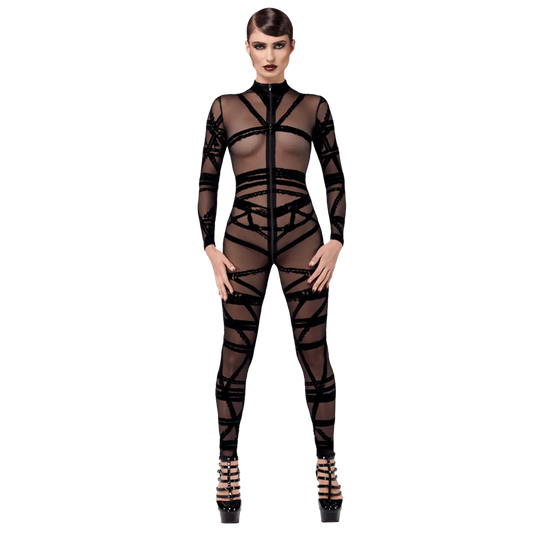 Combinaison transparente noire Bondesque F357 à motifs floqués – Noir Handmade
