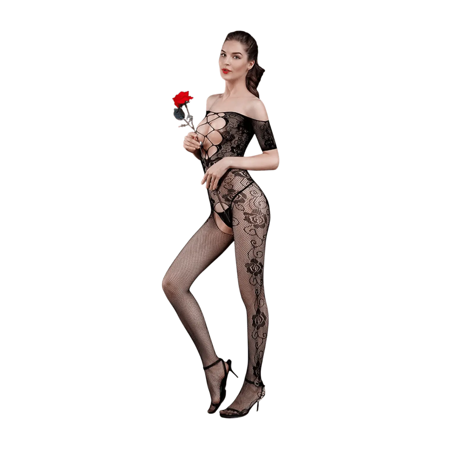 Femme portant une combinaison résille noire sensuelle modèle 10 de la marque Moonlight, disponible chez Oh My God'Z. Lingerie sexy haut de gamme idéale pour les amateurs de sextoys et accessoires érotiques de luxe.