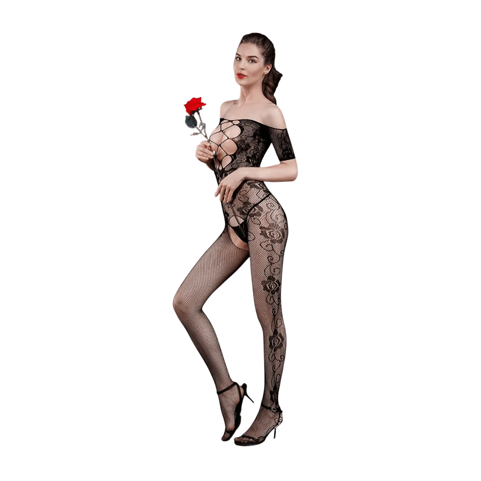 Femme portant une combinaison résille noire sensuelle modèle 10 de la marque Moonlight, disponible chez Oh My God'Z. Lingerie sexy haut de gamme idéale pour les amateurs de sextoys et accessoires érotiques de luxe.