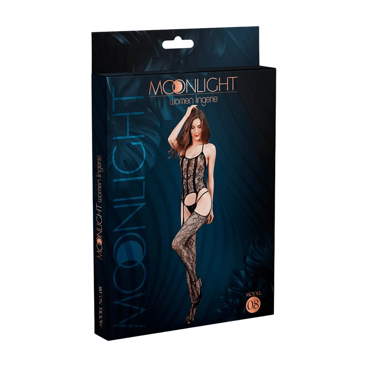 Packaging élégant du modèle 08 de la combinaison résille Moonlight, à retrouver chez Oh My God'Z. Ce visuel met en avant une lingerie érotique sophistiquée et sexy, idéale pour accompagner l’univers raffiné des sextoys haut de gamme. Offrez-vous une expérience sensuelle complète avec cette pièce iconique de la boutique.