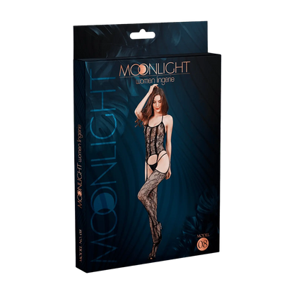 Packaging élégant du modèle 08 de la combinaison résille Moonlight, à retrouver chez Oh My God'Z. Ce visuel met en avant une lingerie érotique sophistiquée et sexy, idéale pour accompagner l’univers raffiné des sextoys haut de gamme. Offrez-vous une expérience sensuelle complète avec cette pièce iconique de la boutique.