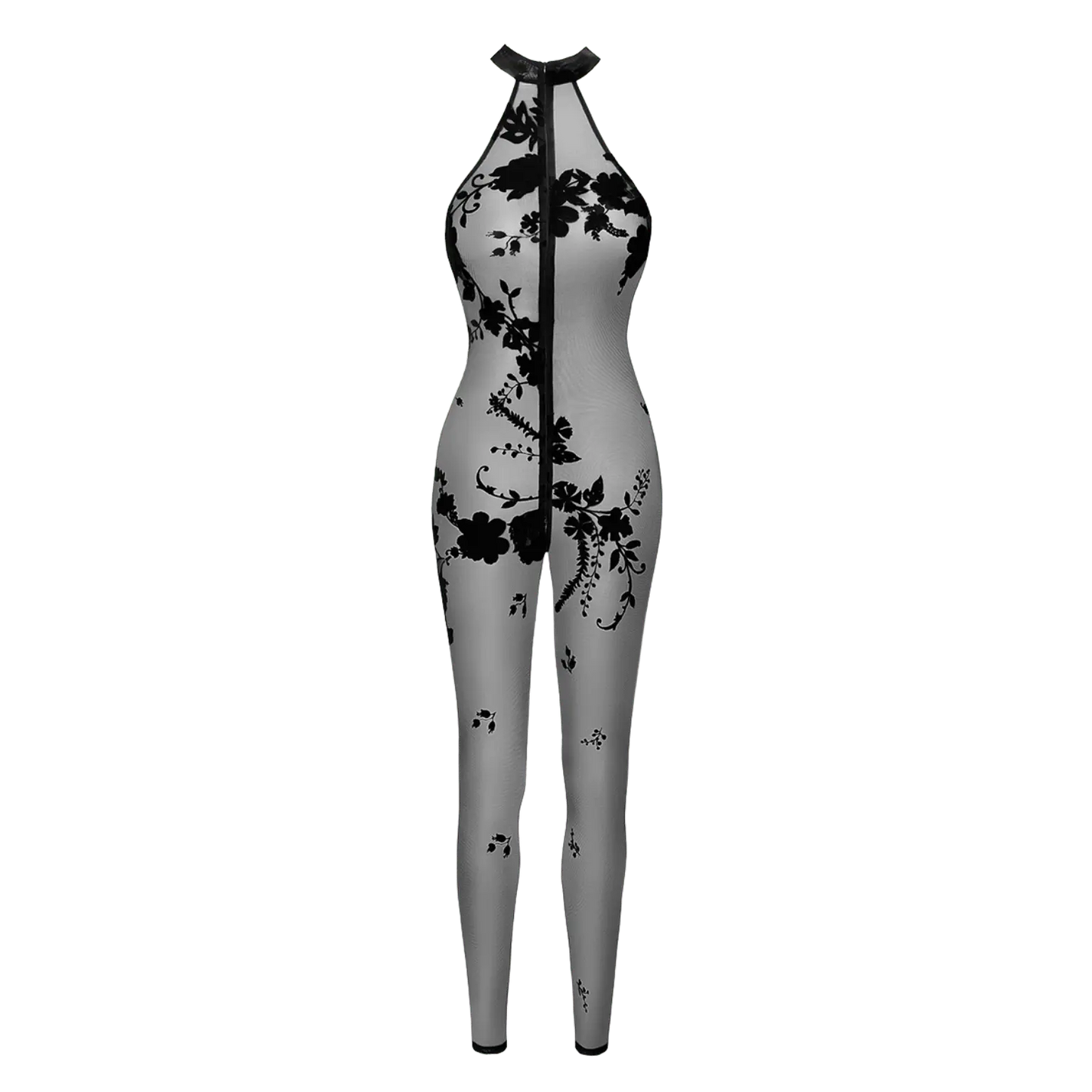 Combinaison sexy sans manches en tulle transparent et fleurs en velours – Noir Handmade