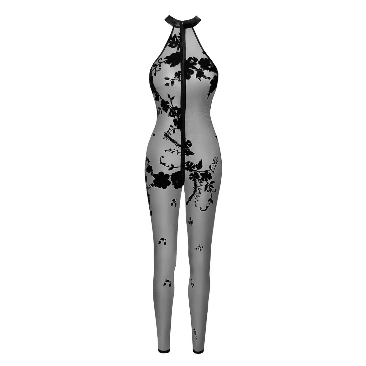 Combinaison sexy sans manches en tulle transparent et fleurs en velours – Noir Handmade