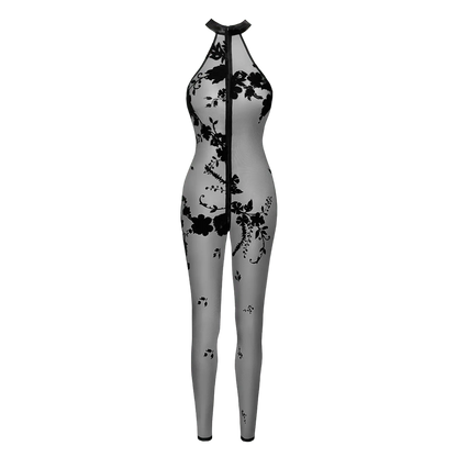 Combinaison sexy sans manches en tulle transparent et fleurs en velours – Noir Handmade