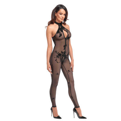 Combinaison érotique en résille fine et velours floral noir – Noir Handmade – Oh My God’Z
