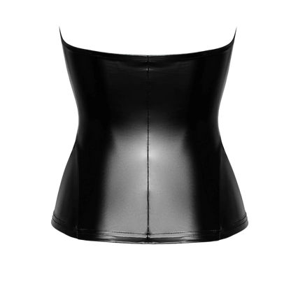 Vue arrière du corset "Mysteria F334" en wetlook noir, ajusté pour épouser les courbes avec élégance. Disponible chez Oh My God'Z, boutique de lingerie haut de gamme.