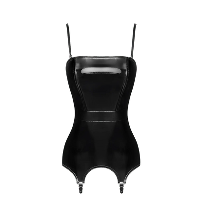 Corset porte-jarretelles en vinyle noir brillant Dominae F381 – Noir Handmade