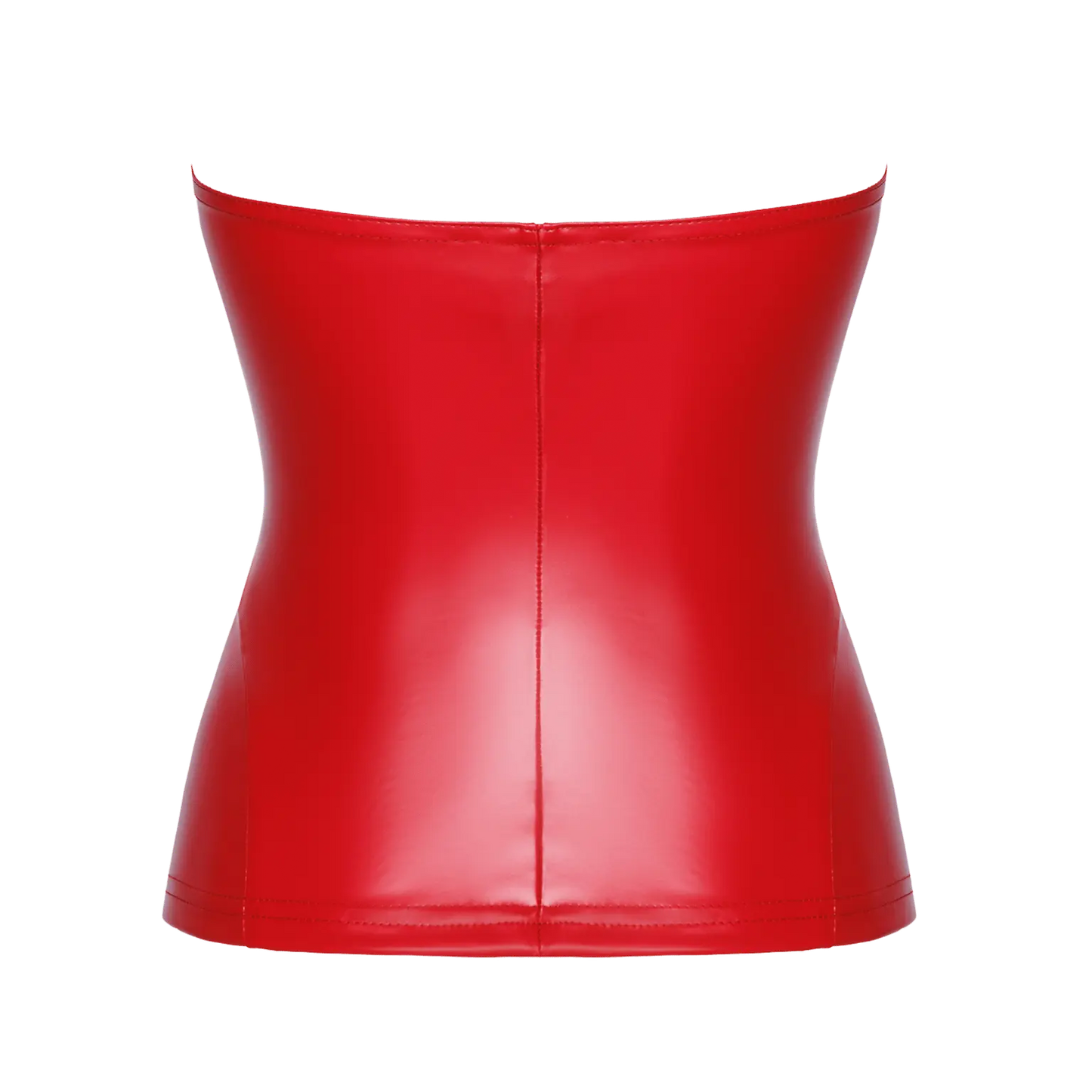 Vue arrière du corset "Mysteria F355" en wetlook rouge : coupe structurée et finition élégante. Disponible chez Oh My God'Z, boutique spécialisée en lingerie glamour et audacieuse.