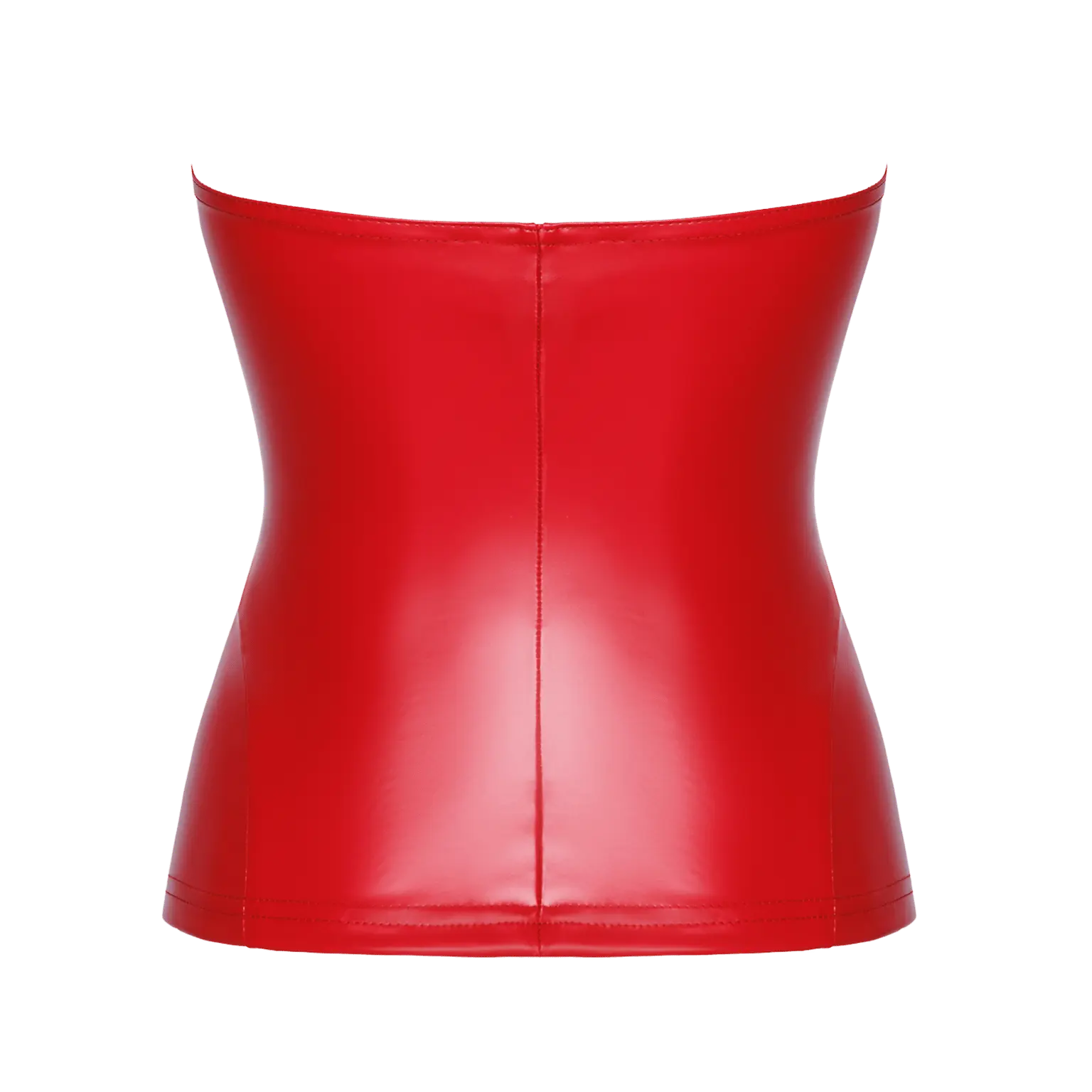 Vue arrière du corset "Mysteria F355" en wetlook rouge : coupe structurée et finition élégante. Disponible chez Oh My God'Z, boutique spécialisée en lingerie glamour et audacieuse.