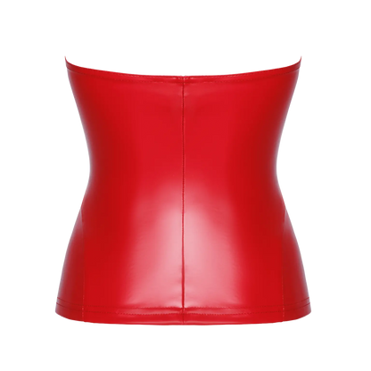 Vue arrière du corset "Mysteria F355" en wetlook rouge : coupe structurée et finition élégante. Disponible chez Oh My God'Z, boutique spécialisée en lingerie glamour et audacieuse.