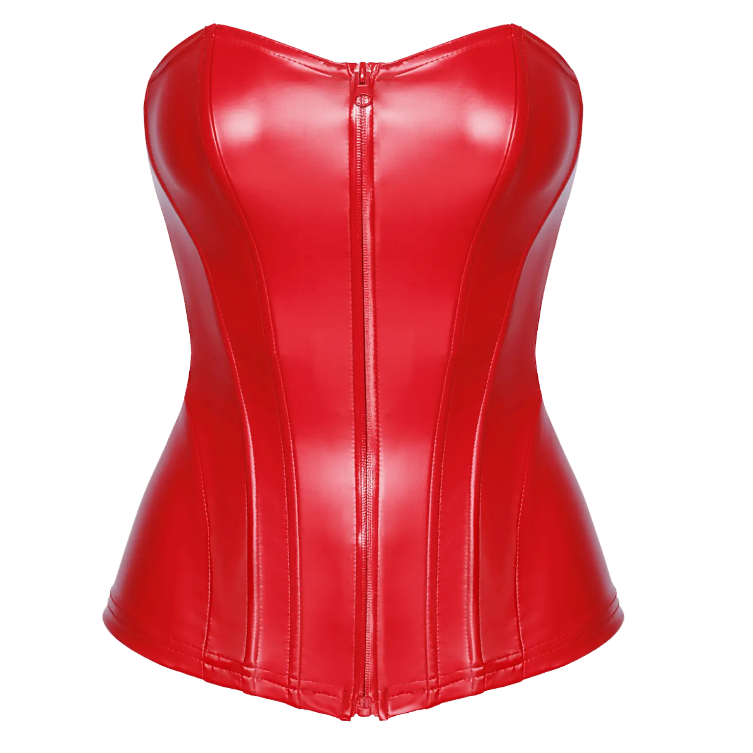 Corset "Mysteria F355" en simili cuir rouge brillant, avec fermeture éclair pour un enfilage facile et un ajustement parfait. Disponible chez Oh My God'Z pour un look sexy et affirmé.