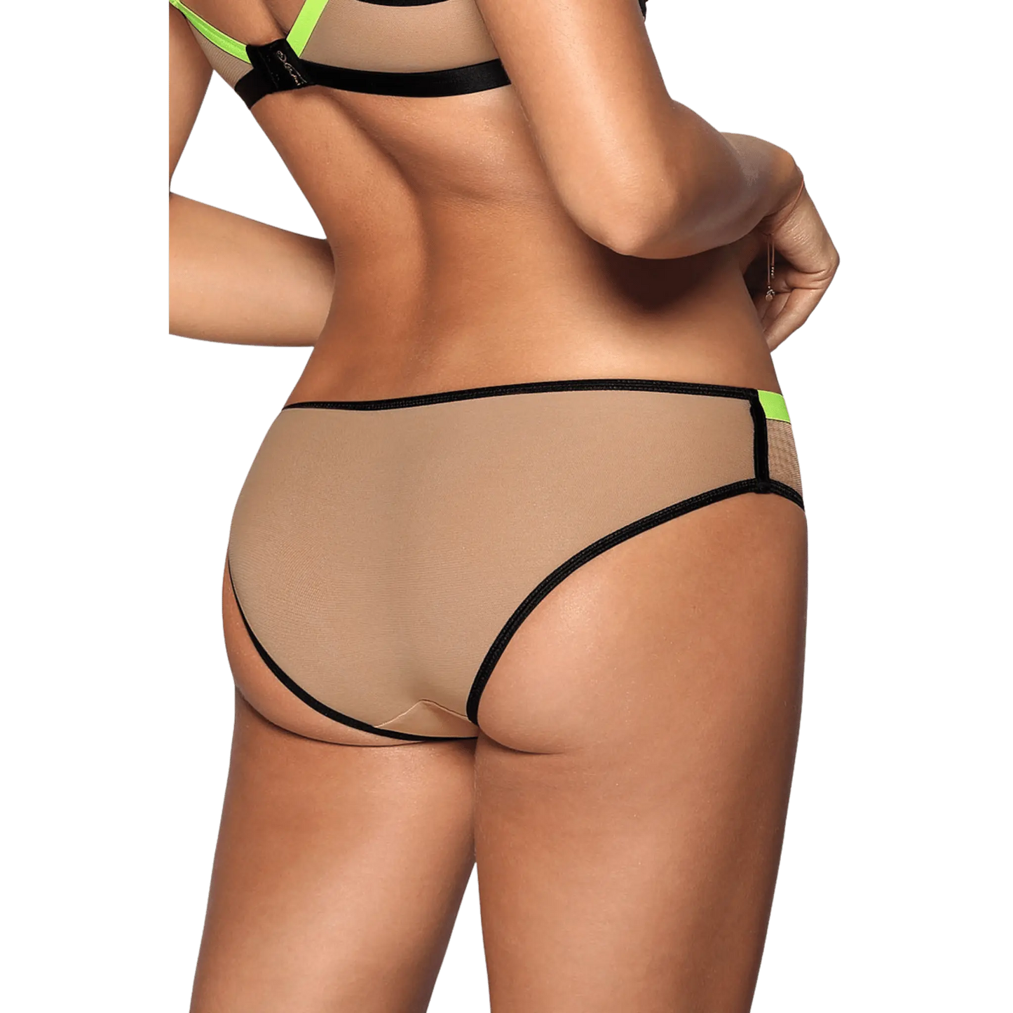 Vue arrière d'une culotte chair et fluo Axami, offerte chez Oh My God'Z. Cette pièce révèle un design séduisant avec une transparence élégante et des détails subtils, parfaite pour une touche de glamour