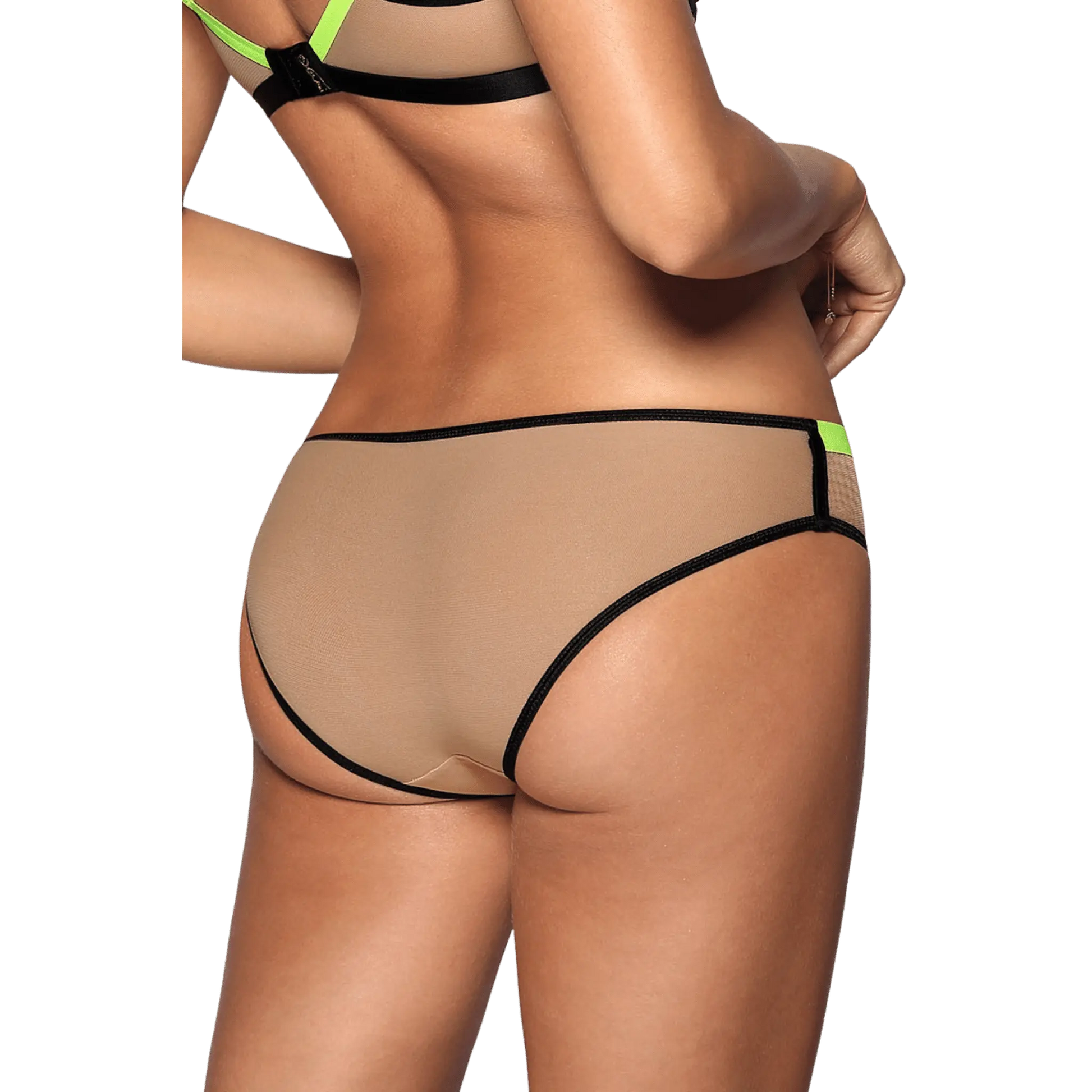 Vue arrière d'une culotte chair et fluo Axami, offerte chez Oh My God'Z. Cette pièce révèle un design séduisant avec une transparence élégante et des détails subtils, parfaite pour une touche de glamour