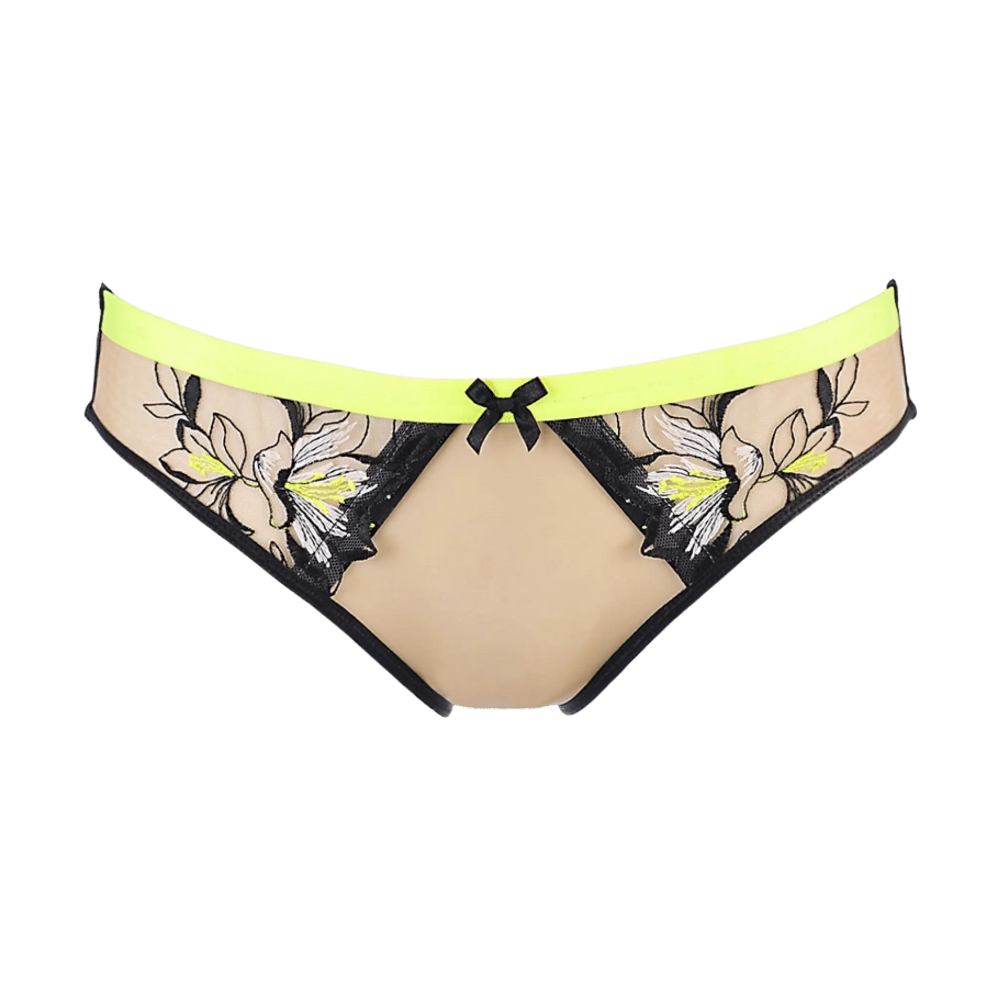 Culotte fluo avec design floral noir et touches de jaune, marque Axami chez Oh My God'Z. Idéale pour celles qui cherchent à allier confort et style dans leur quotidien ou pour des occasions spéciales.