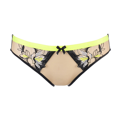 Culotte fluo avec design floral noir et touches de jaune, marque Axami chez Oh My God'Z. Idéale pour celles qui cherchent à allier confort et style dans leur quotidien ou pour des occasions spéciales.
