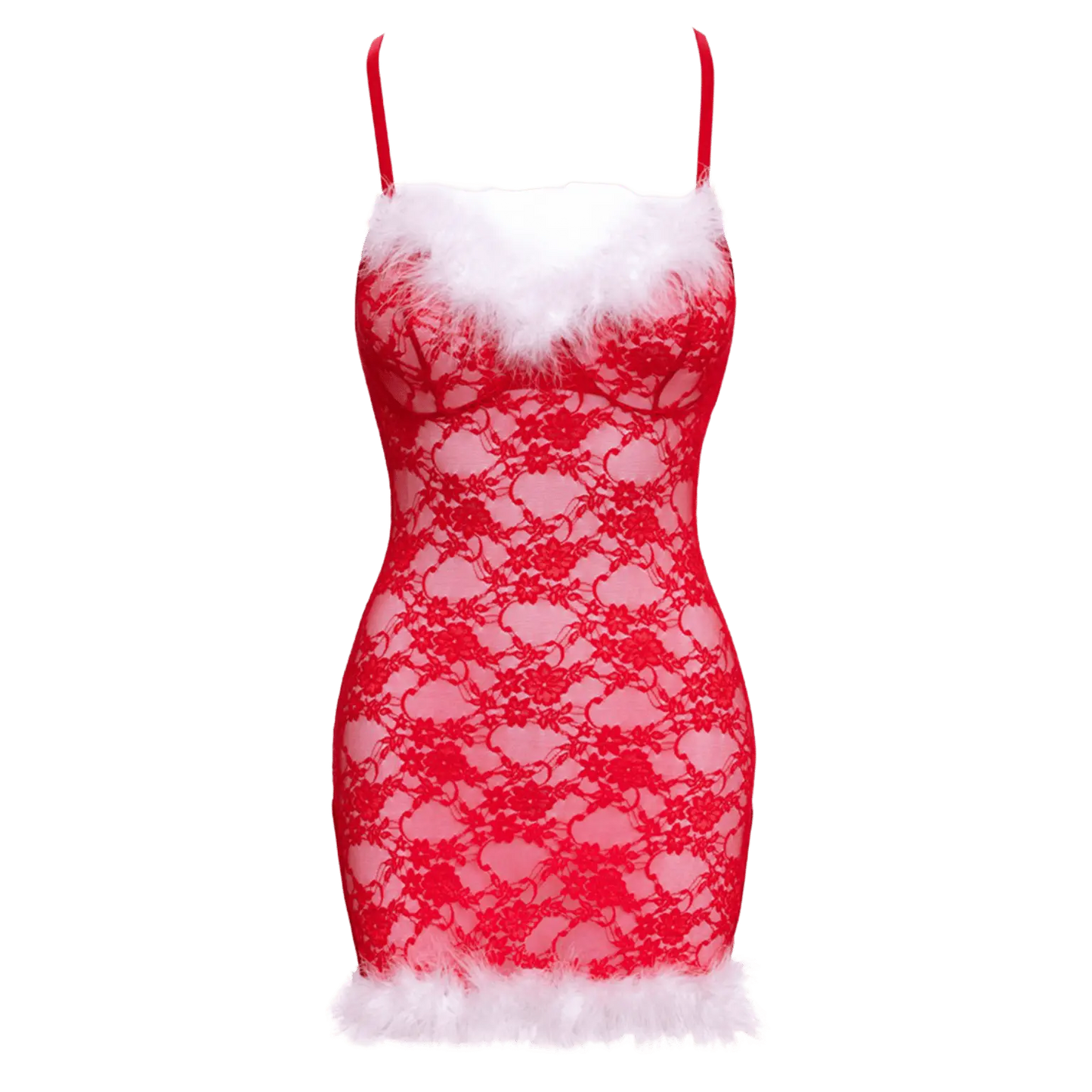 Nuisette de Noël rouge transparente bordée de plumes blanches – Oh My God’Z