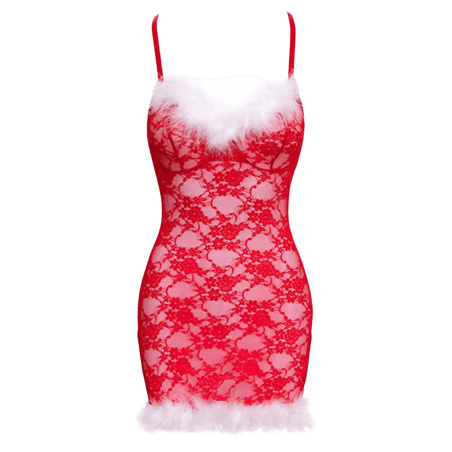 Nuisette de Noël rouge transparente bordée de plumes blanches – Oh My God’Z