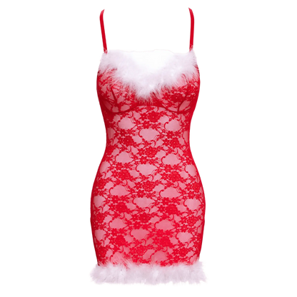 Nuisette de Noël rouge transparente bordée de plumes blanches – Oh My God’Z