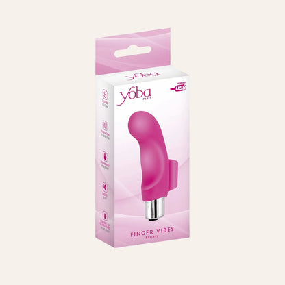 Vue de l'emballage du sextoy haut de gamme Doigt vibrant Ecstasy de la marque Yoba, disponible sur la boutique Oh My God'Z. Ce mini stimulateur en silicone doux est idéal pour une stimulation précise grâce à sa forme ergonomique. Un incontournable pour les amateurs de sextoys élégants, puissants et rechargeables par USB.