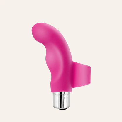 Gros plan sur le Doigt vibrant Ecstasy de la marque Yoba, un mini sextoy haut de gamme en silicone rose au design ergonomique, en vente chez Oh My God'Z. Ce stimulateur rechargeable est parfait pour une stimulation clitoridienne précise, idéale pour les moments intimes en solo ou à deux.