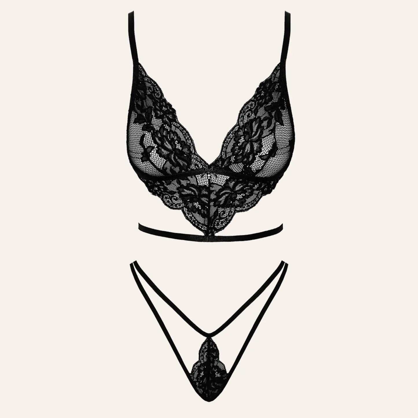 Ensemble 2 pièces en dentelle noire, composé d'un soutien-gorge triangulaire et d'un string assorti avec des détails croisés à l'avant.