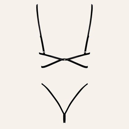 Vue arrière de l'ensemble 2 pièces en dentelle noire, montrant les bretelles croisées et les détails minimalistes.
