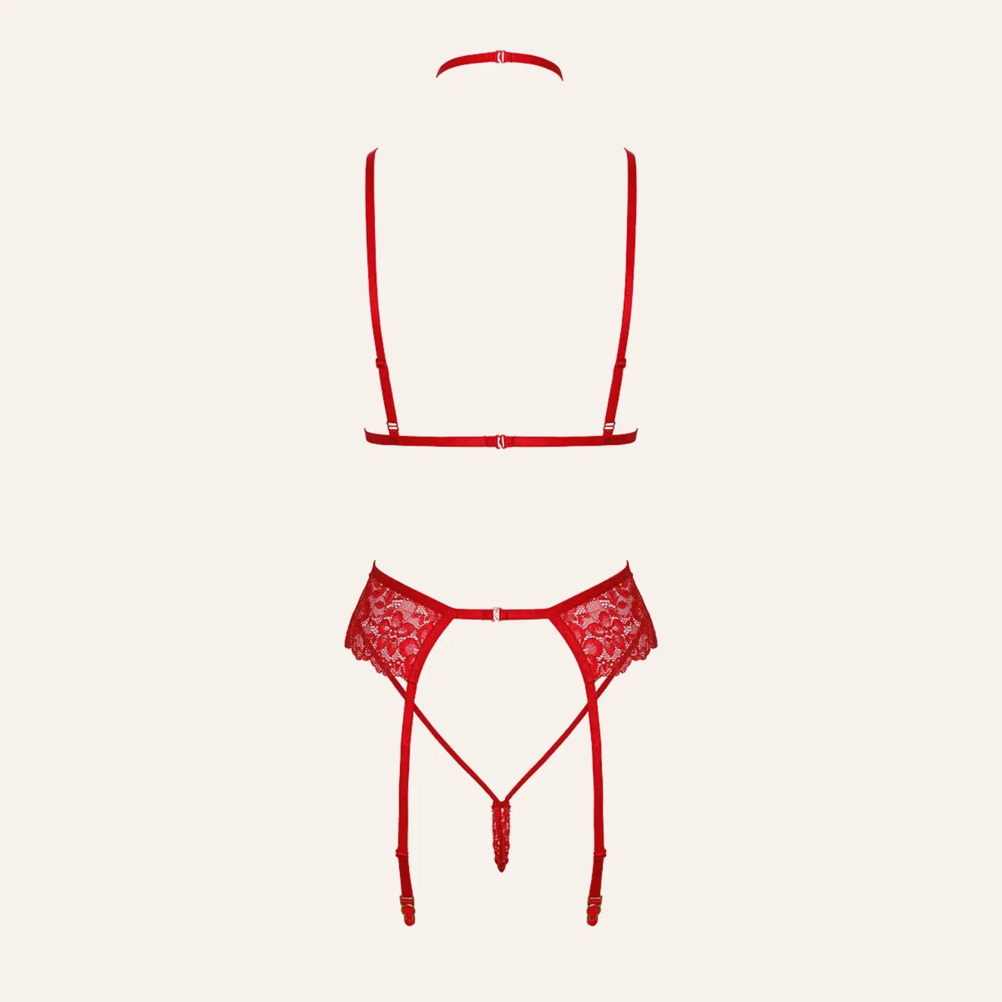 Ensemble de lingerie rouge en dentelle vu de dos, avec des bretelles ajustables et des jarretelles attachées.