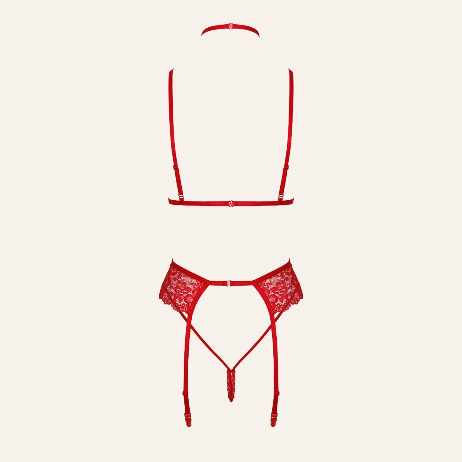 Ensemble de lingerie rouge en dentelle vu de dos, avec des bretelles ajustables et des jarretelles attachées.