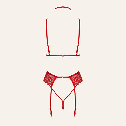 Ensemble de lingerie rouge en dentelle vu de dos, avec des bretelles ajustables et des jarretelles attachées.