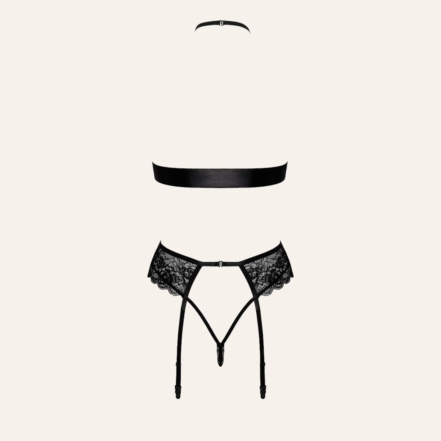 Ensemble Bondage Black Set 4 pièces Kiss 244 en dentelle noire avec porte-jarretelles, vue de dos.