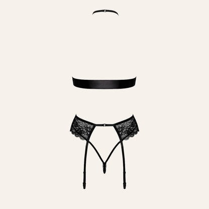 Ensemble Bondage Black Set 4 pièces Kiss 244 en dentelle noire avec porte-jarretelles, vue de dos.