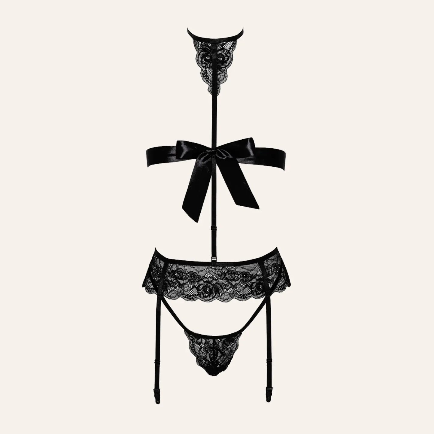 Mannequin portant l'ensemble Bondage Black Set 4 pièces Kiss 244 avec un ruban noir en satin noué, vue de face.