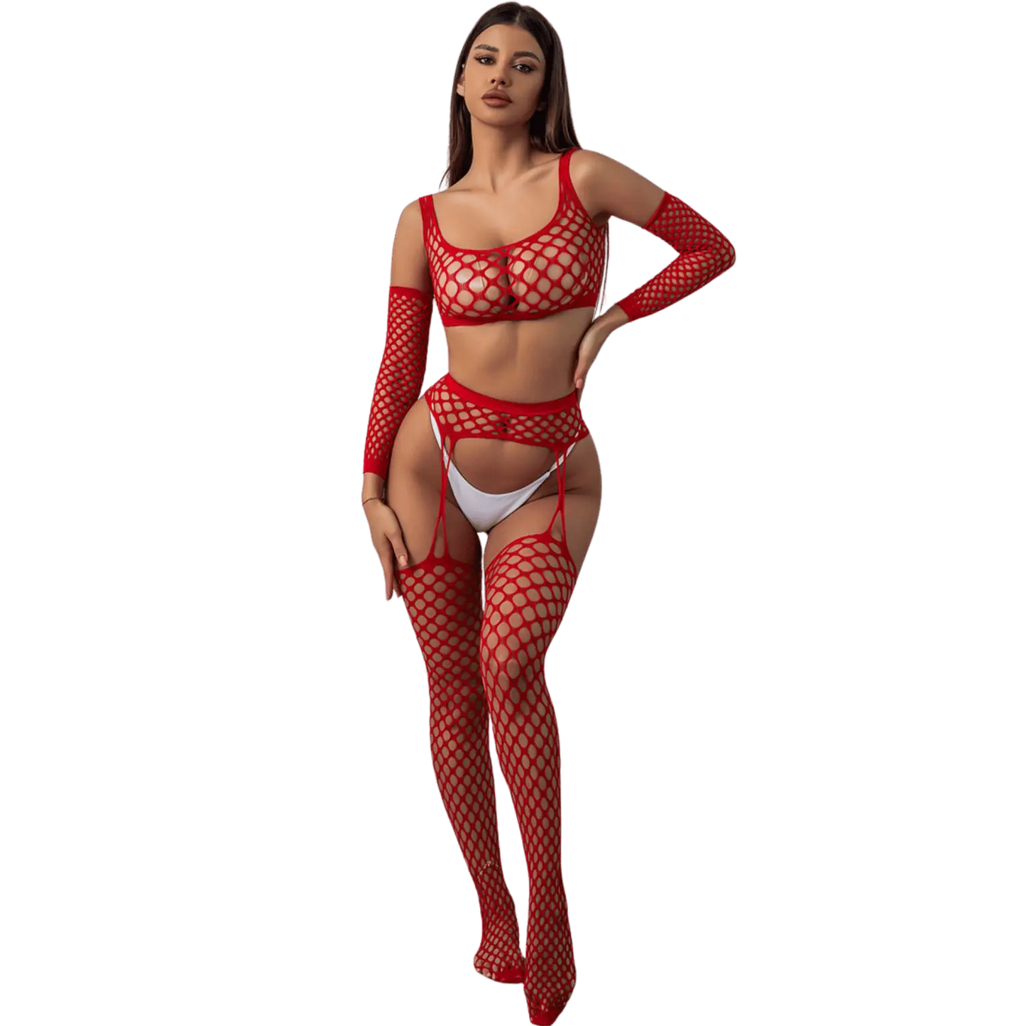 Ensemble lingerie 3 pièces rouge en résille large J Lingerie, vue dos élégante – Oh My God’Z