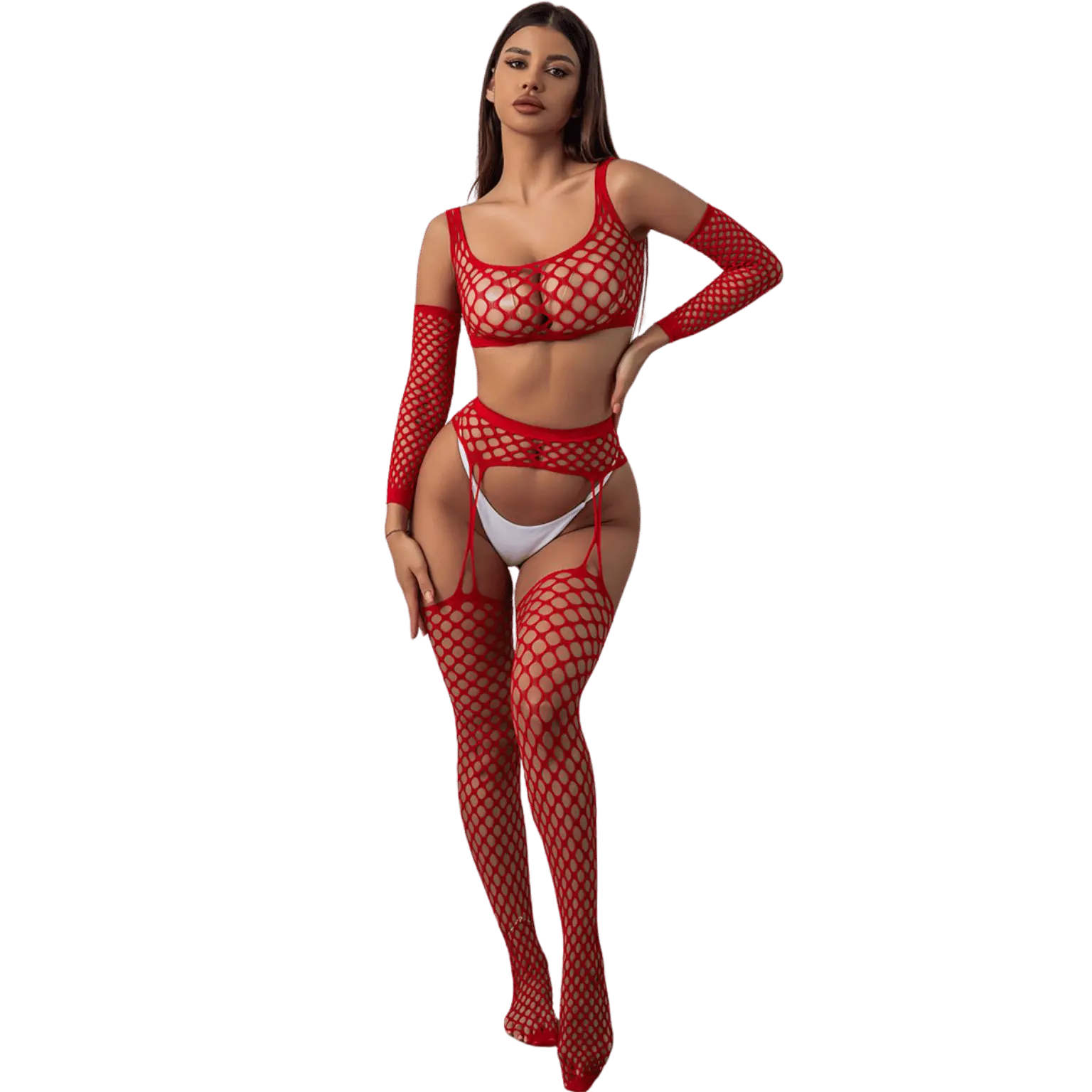 Ensemble lingerie 3 pièces rouge en résille large J Lingerie, vue dos élégante – Oh My God’Z