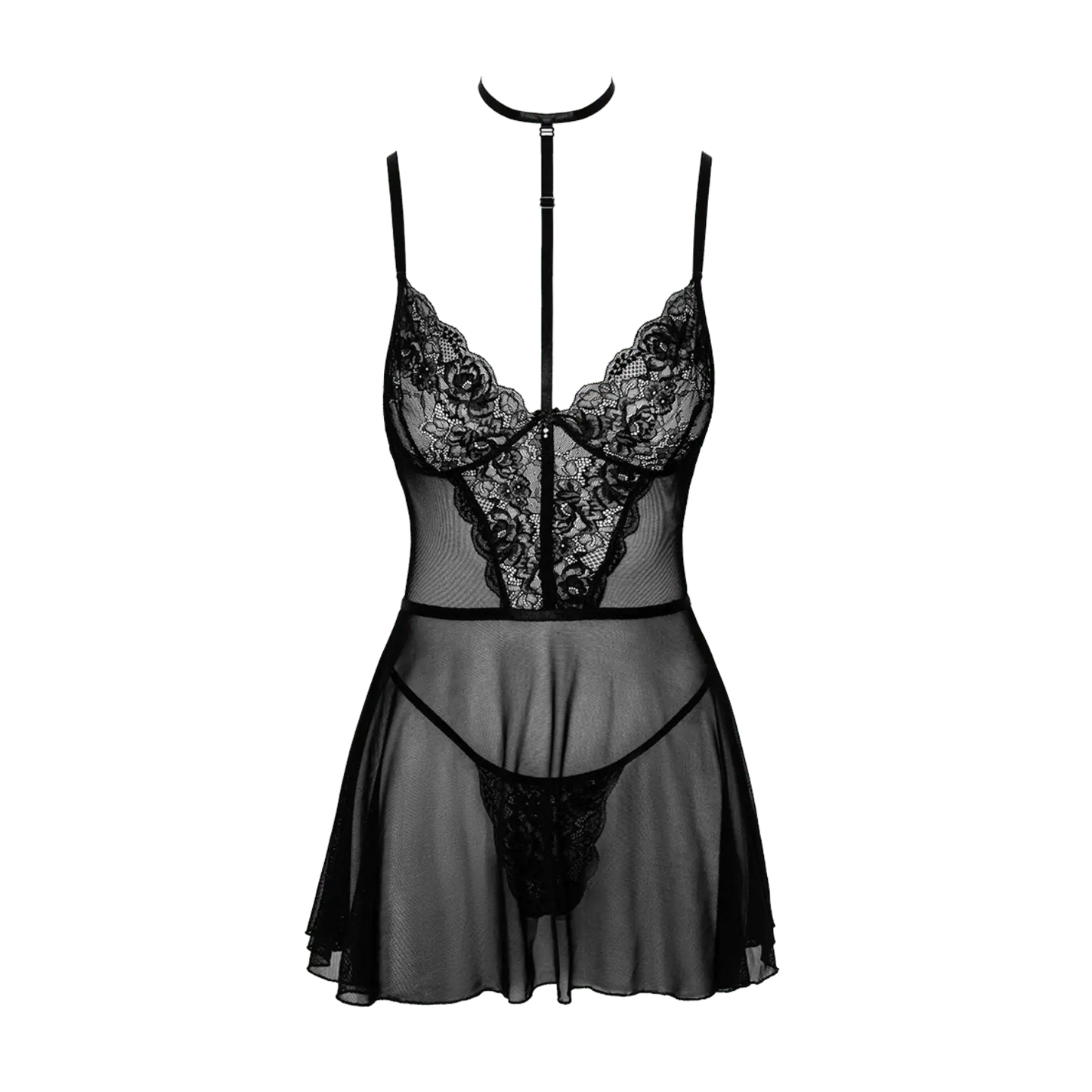 Ensemble nuisette First Kiss 249 – Kissable, en vente chez Oh My God'Z. Une lingerie sexy et sophistiquée en dentelle noire et tulle transparent, avec un harnais ajustable pour un effet irrésistiblement glamour.