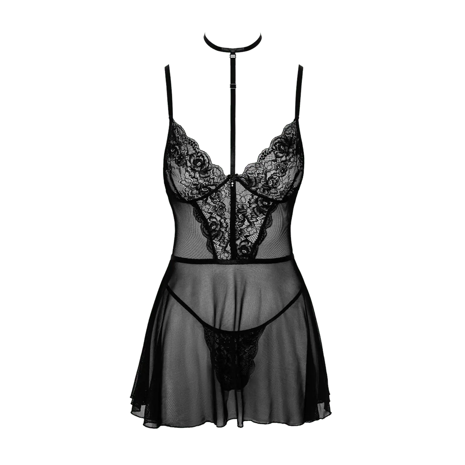 Ensemble nuisette First Kiss 249 – Kissable, en vente chez Oh My God'Z. Une lingerie sexy et sophistiquée en dentelle noire et tulle transparent, avec un harnais ajustable pour un effet irrésistiblement glamour.