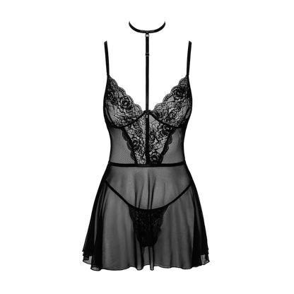 Ensemble nuisette First Kiss 249 – Kissable, en vente chez Oh My God'Z. Une lingerie sexy et sophistiquée en dentelle noire et tulle transparent, avec un harnais ajustable pour un effet irrésistiblement glamour.