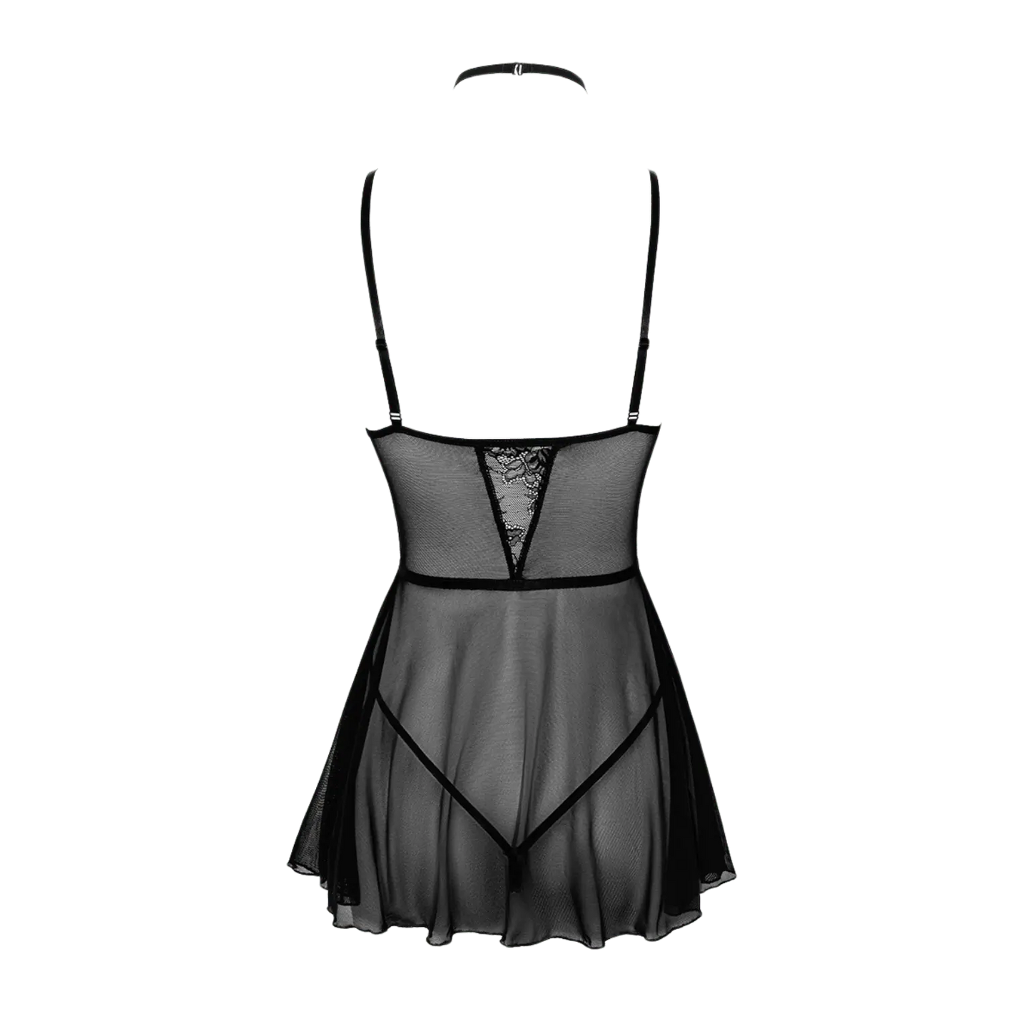 Nuisette First Kiss 249 – Kissable en version dos, disponible sur Oh My God'Z. Son design en tulle transparent et dentelle raffinée sublime la silhouette avec sensualité et raffinement.