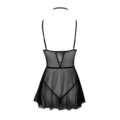 Nuisette First Kiss 249 – Kissable en version dos, disponible sur Oh My God'Z. Son design en tulle transparent et dentelle raffinée sublime la silhouette avec sensualité et raffinement.