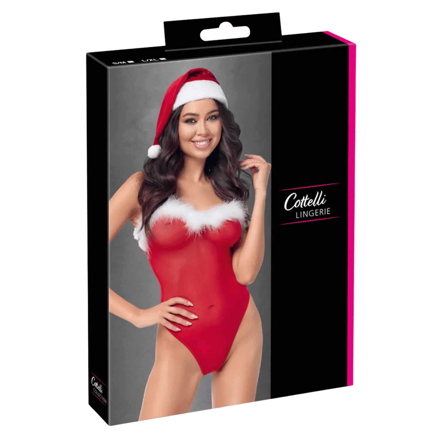 Emballage de l’ensemble lingerie de Noël Cottelli Lingerie – body rouge et bonnet