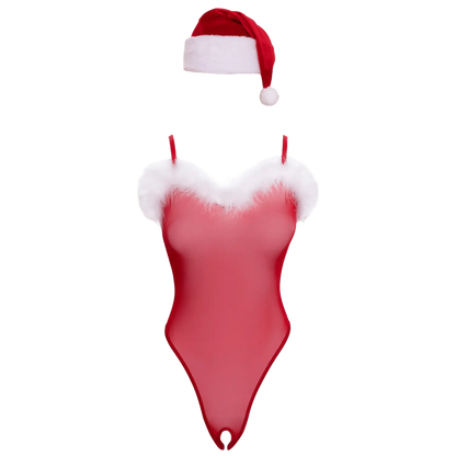 Body sexy de Noël rouge en tulle transparent et plumes blanches – Oh My God’Z