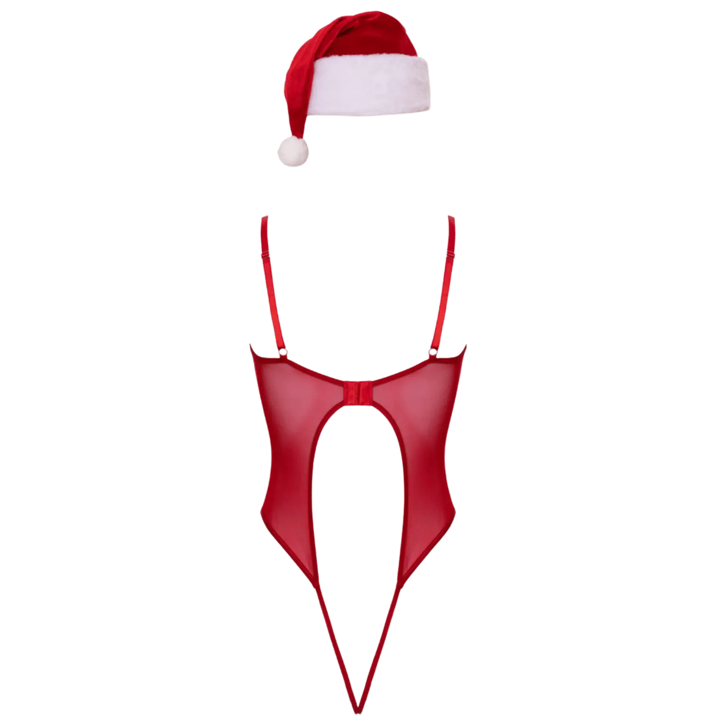 Vue dos du body rouge ouvert avec bonnet de Noël en velours – Oh My God’Z